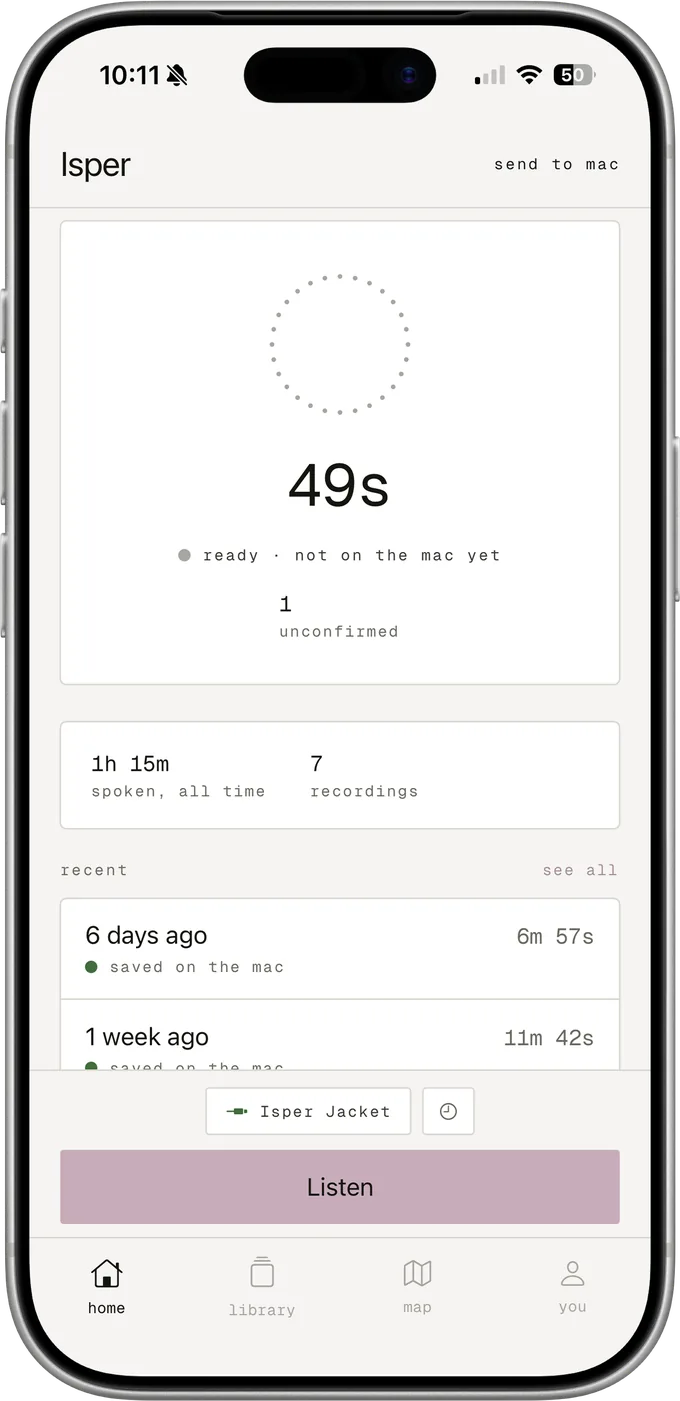 The Isper iPhone app, ready to send the day to the Mac