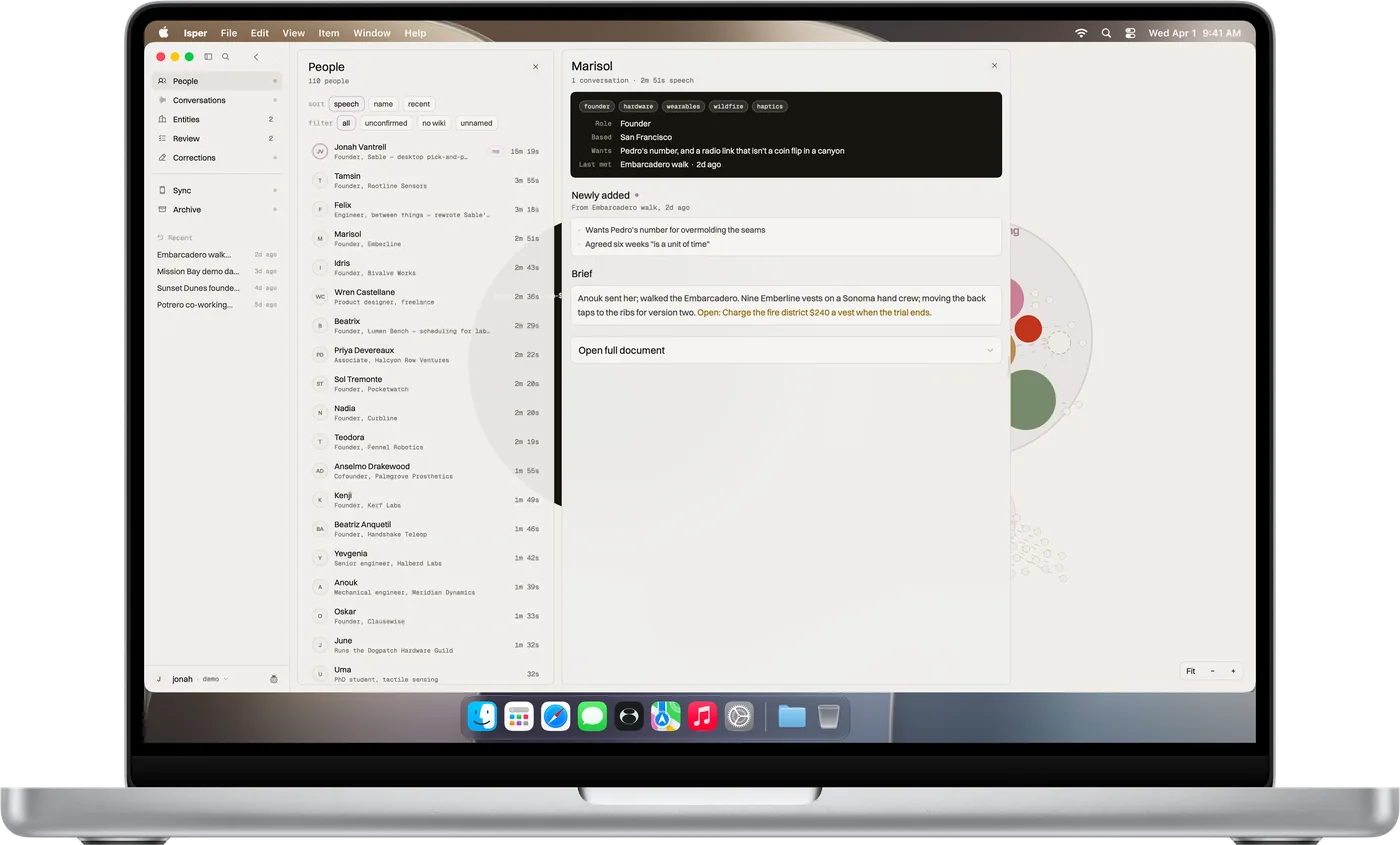 The Isper Mac app showing the People list and a person page for Marisol